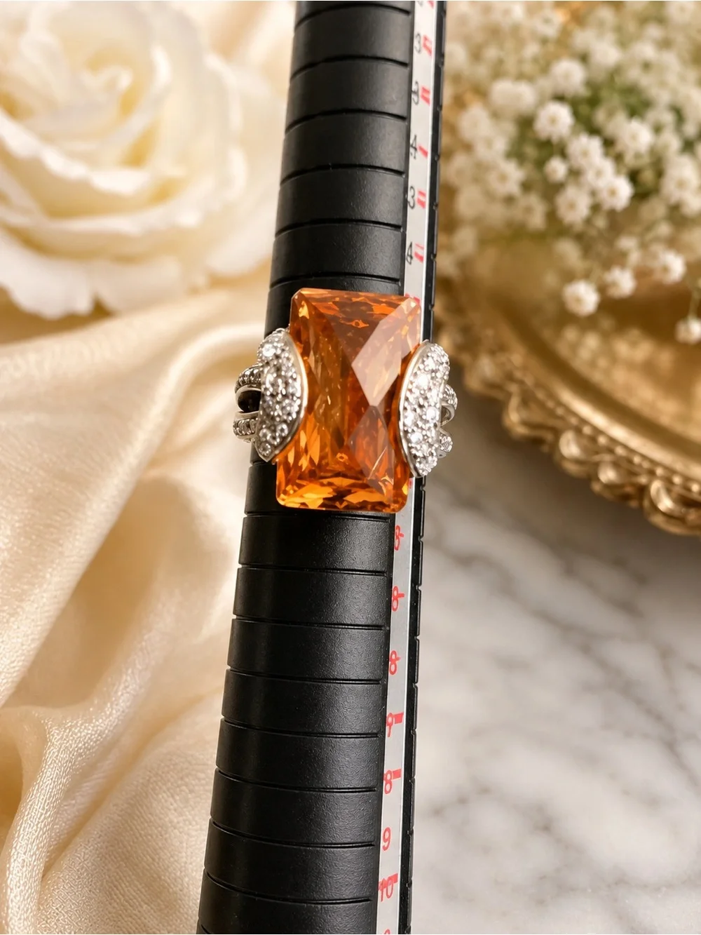 Signed Ross Simons 925 Faceted Orange Gemstone Ring with Pave Accents Size 7